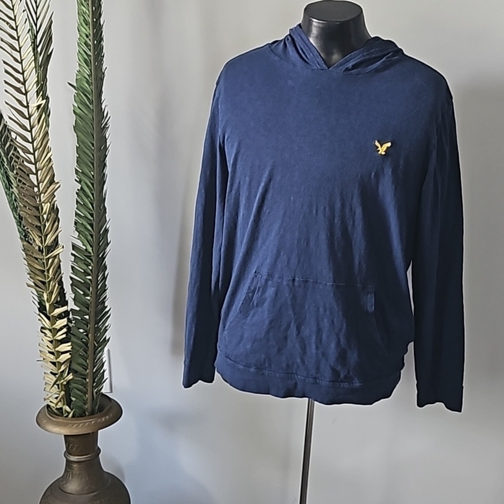 American Eagle Classic Fit Navy Blue Hoodie with Gold Stitching